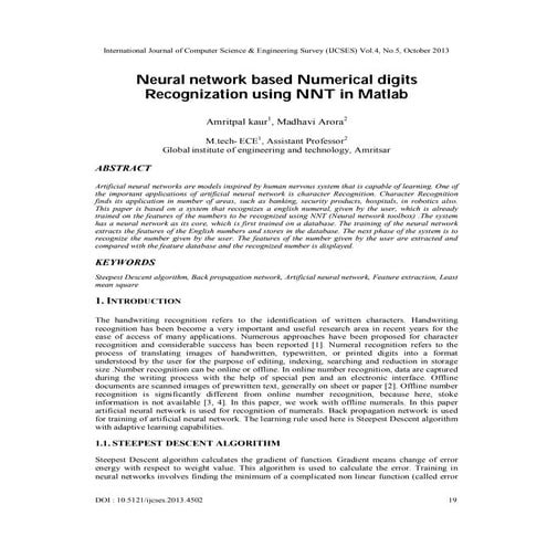 Neural network based numerical digits recognization using nnt in matlab