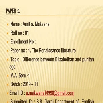 Paper no 1 Topic : difference between Elizabethan and puritan age 