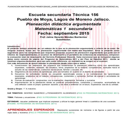ejemplo de Planeacion argumentada matematicas 1 secundaria mebj