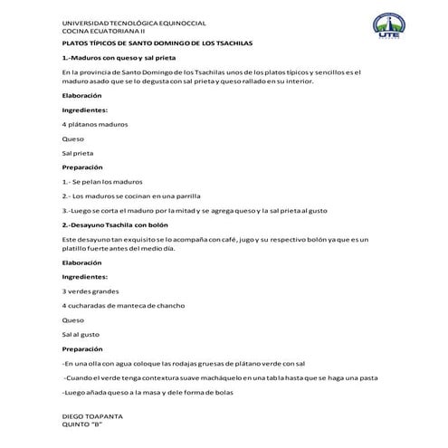 Platos típicos de santo domingo de los tsachilas