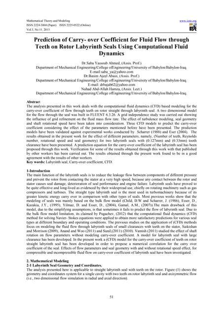 Prediction of carry  over coefficient for fluid flow through teeth on rotor l...