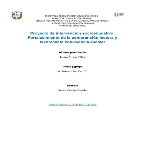 Proyecto de intervención socio educativo "Comprensión lectora" 
