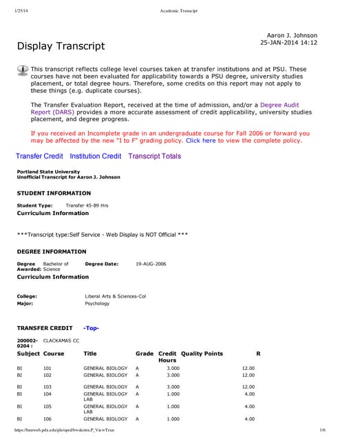 PSU Undergrad Unofficial Transcripts