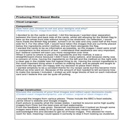 Recipe card evaluation