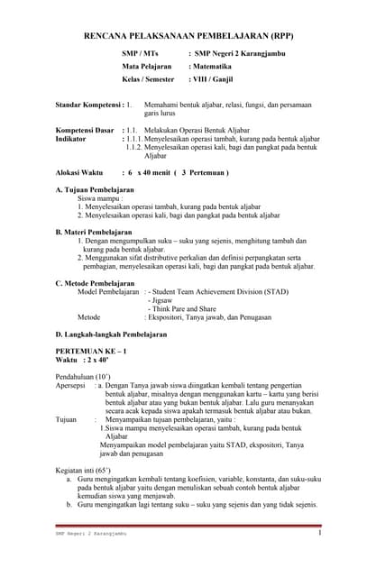 Rpp matematika smp kelas 8