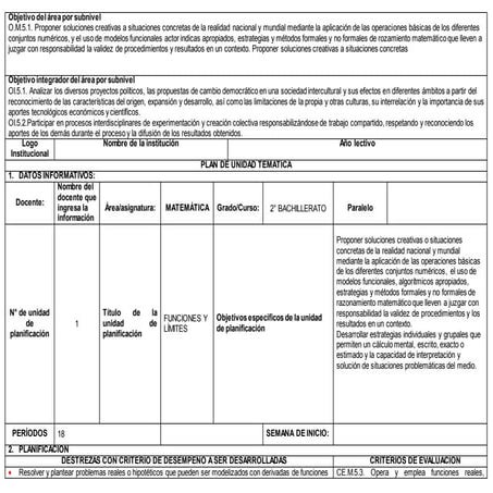 Plan de Unidad Temática Matemática. Segundo de bachillerato