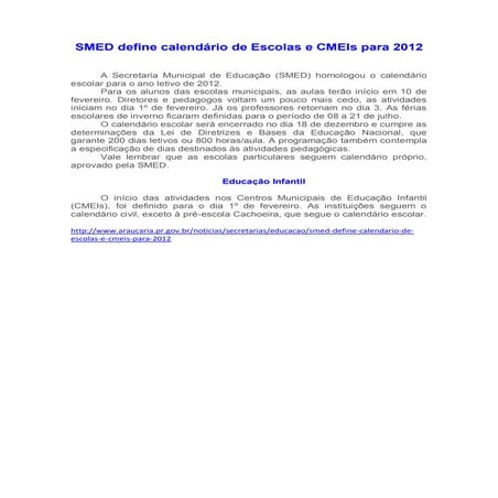 SMED define calendário  2012