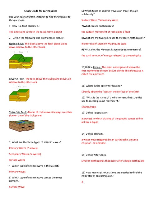 Study guide for earthquakes with answers