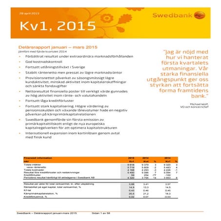 Swedbank Delårsrapport Kvartal 1, 2015