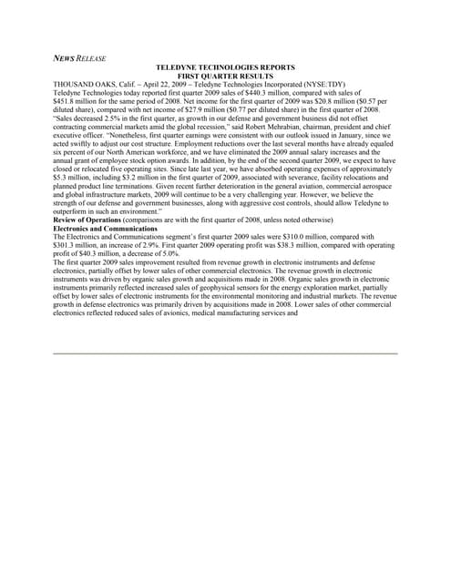 Q1 2009 Earning Report of Teledyne Technologies, Inc.