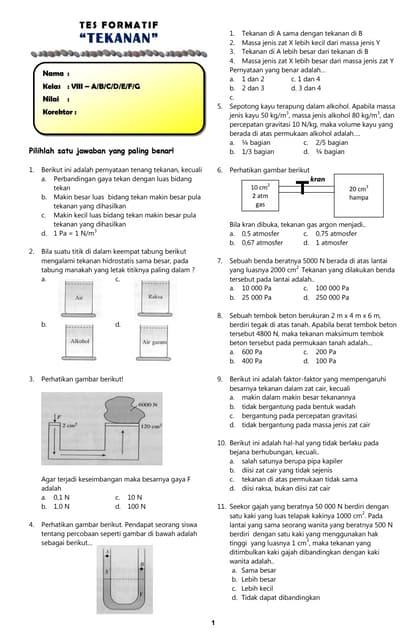 Tes Formatif Tekanan Zat Padat,Cair, dan Gas