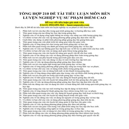 Tổng Hợp 210 Đề Tài Tiểu Luận Môn Rèn Luyện Nghiệp Vụ Sư Phạm Điểm Cao