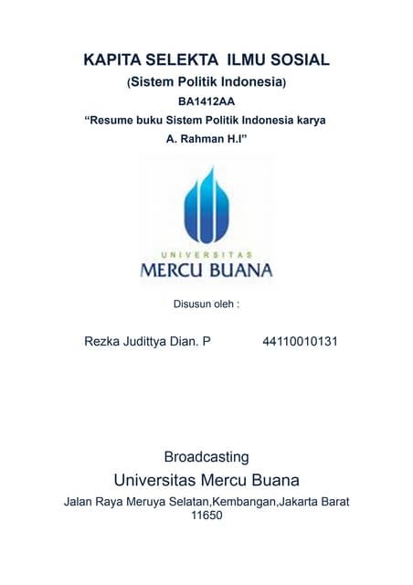 Resume buku Sistem Politik Indonesia karya  A. Rahman H.I” 