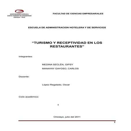 Tursimo y recptividad en los restaurantes