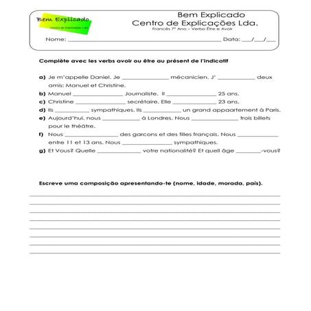 Unidade 1   ficha formativa -verbo etre e avoir (1)[1]