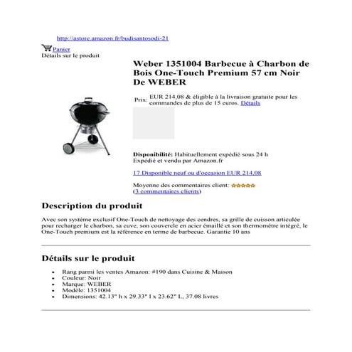 Weber 1351004 barbecue à charbon de bois one touch premium 57 cm noir