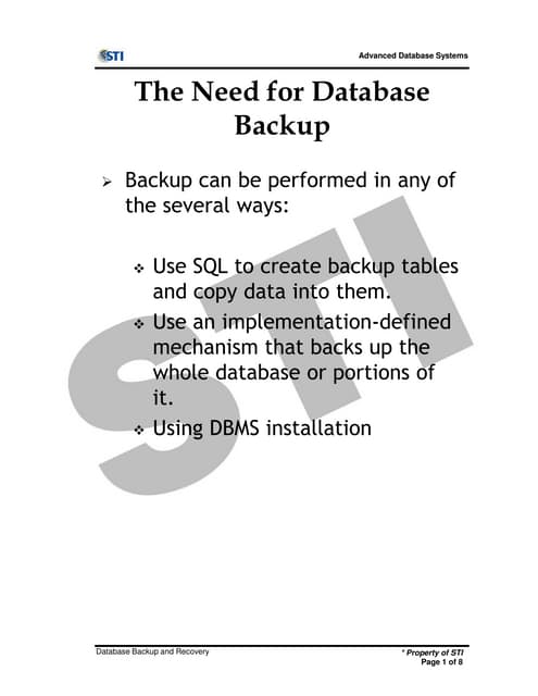 Database backup and recovery