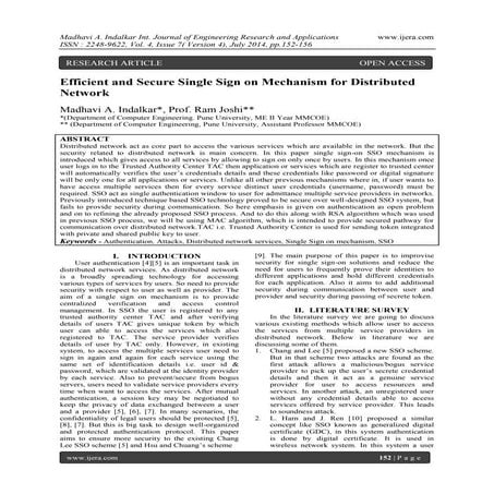 Efficient and Secure Single Sign on Mechanism for Distributed Network