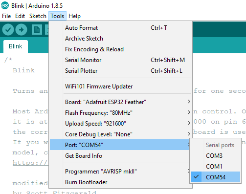 Port Selection for Esp32 Thing Plus
