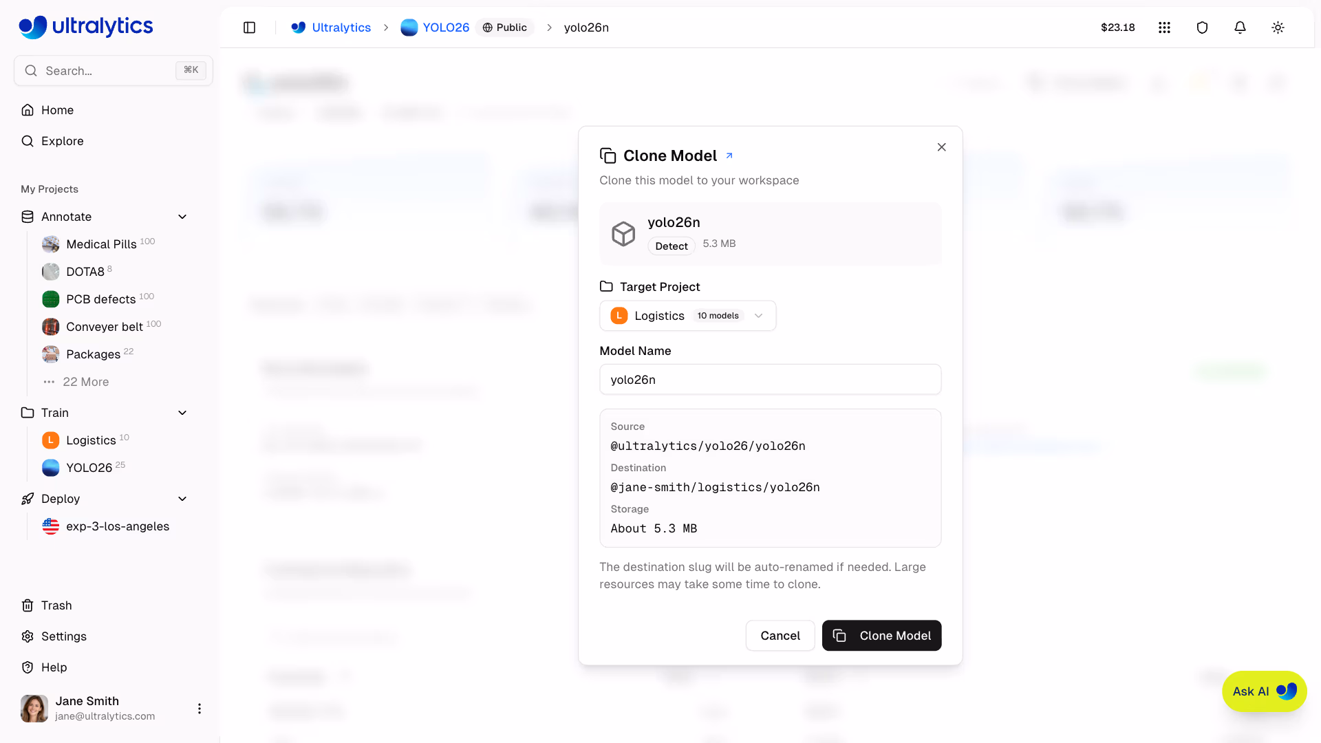 Ultralytics Platform Explore Clone Model Dialog
