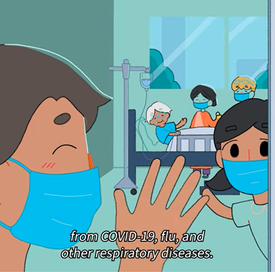 Screenshot of animation of a patient, their family, and health workers wearing masks in a health care facility
