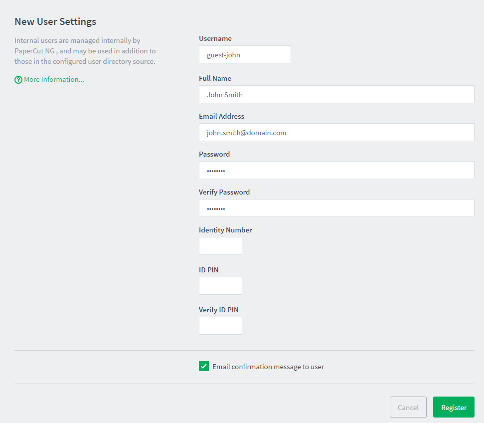 Creating an internal user from the administration interface