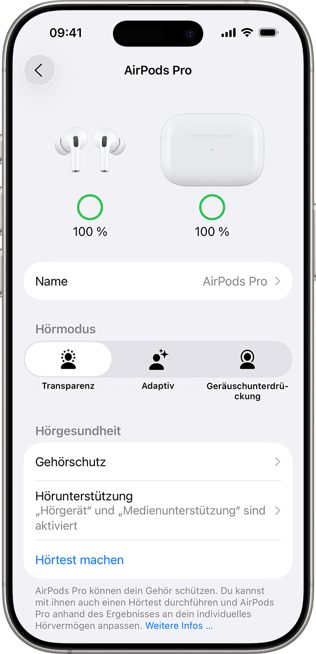 Hörunterstützung unter „Hörgesundheit“ in den AirPods-Einstellungen auf iPhone.