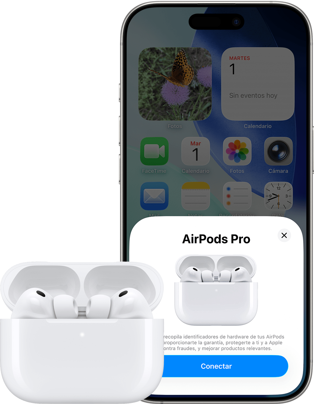 Los AirPods Pro junto a un iPhone en los que se muestra una tarjeta de configuración que contiene el botón Conectar.