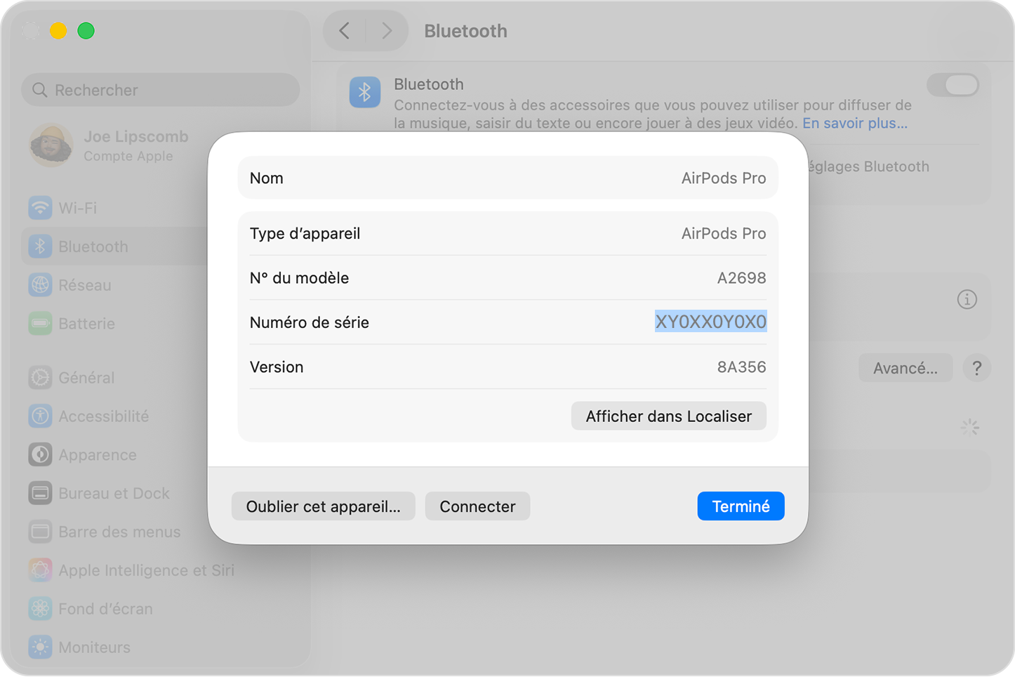 Numéro de série d’AirPods Pro indiqué dans Réglages Système sur un Mac.