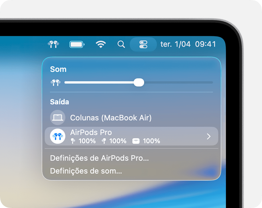 Menu de som na Central de Controlo no Mac com os AirPods Pro selecionados como dispositivo de saída.