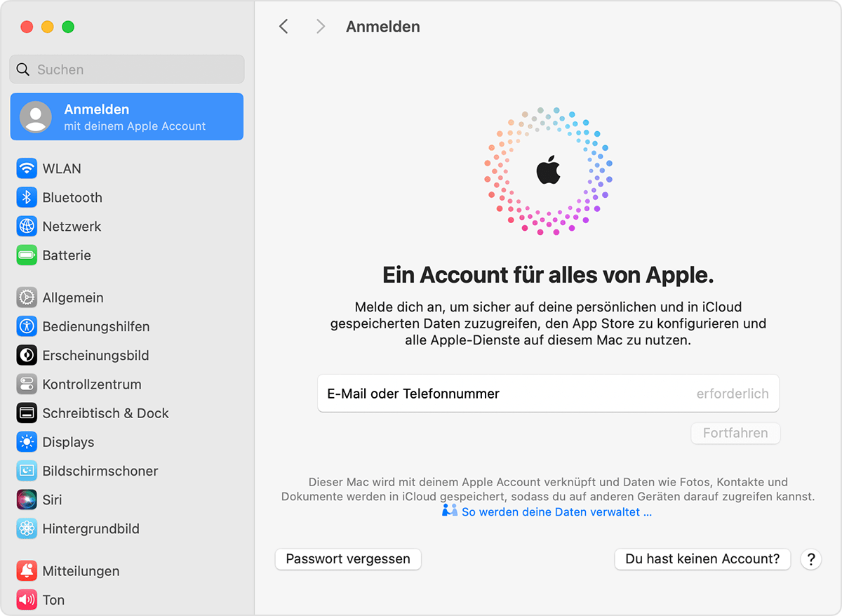 Mit deinem Apple Account in den Systemeinstellungen auf deinem Mac anmelden