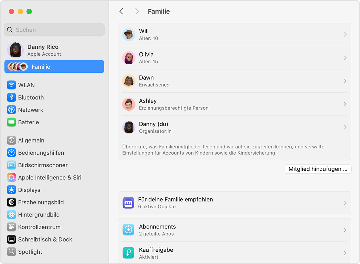 Die Taste „Mitglied hinzufügen“ befindet sich unter der Liste deiner aktuellen Familienmitglieder.