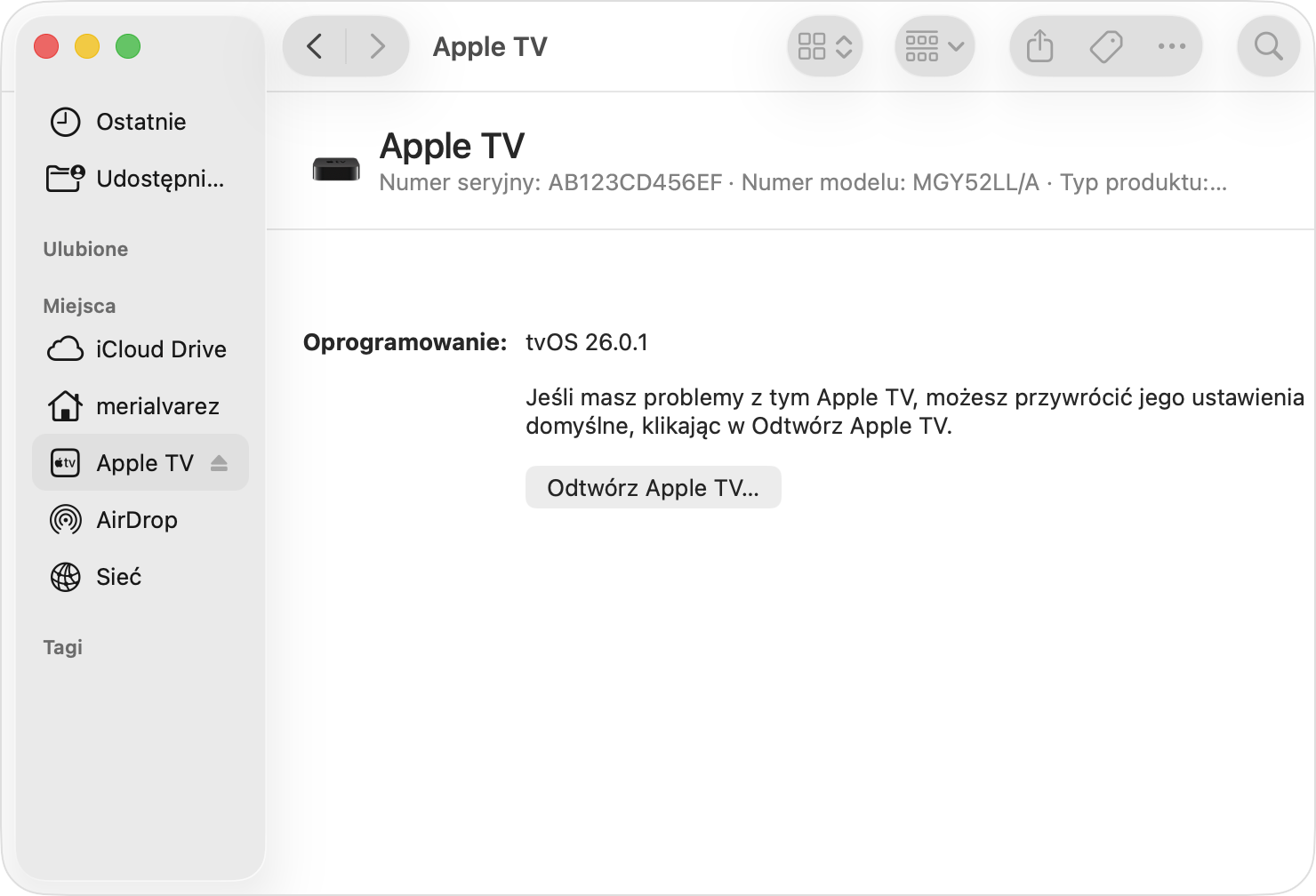 Okno przywracania Apple TV wyświetlane po połączeniu z systemem macOS