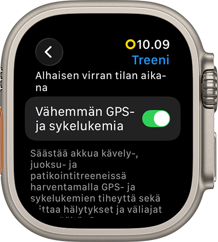 Apple Watch Ultra -näyttö, jossa näkyy Alhaisen virran tila -asetus