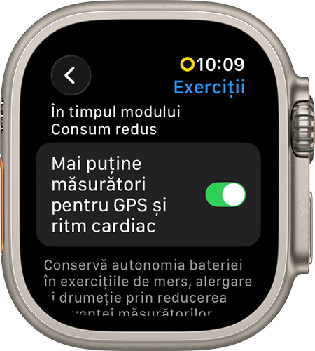 Ecran de Apple Watch Ultra care arată configurarea pentru modul Consum redus