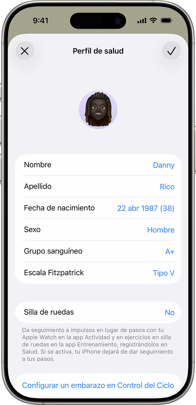La pantalla Detalles de Salud del iPhone, en la que se muestra información sobre el perfil de salud, como la fecha de nacimiento y el grupo sanguíneo.
