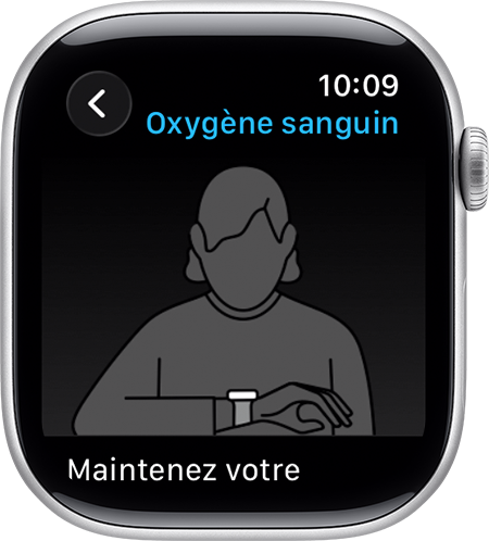 Une Apple Watch montrant une personne qui porte son Apple Watch tout en gardant son poignet et sa paume tournés vers le bas, à plat.