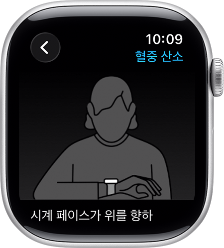 Apple Watch를 착용한 사람이 손목과 손바닥을 바닥에 평평하게 내려놓은 모습이 표시된 Apple Watch.