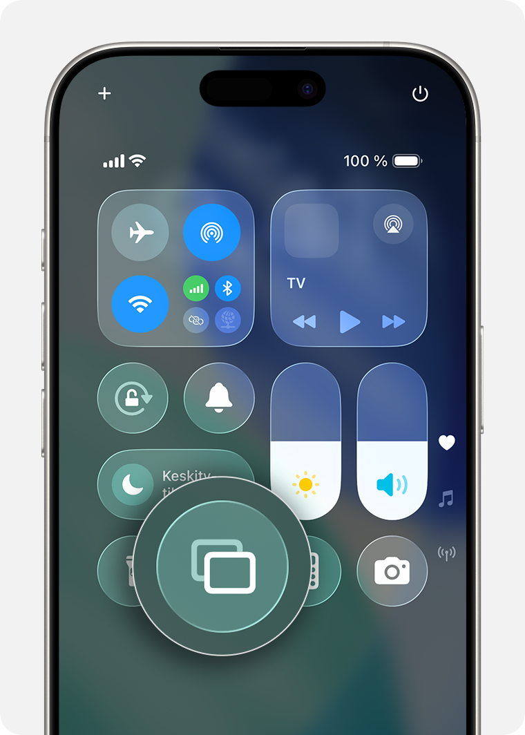 Näytön peilaus ‑painike näkyy korostettuna Ohjauskeskuksen moduuleissa.