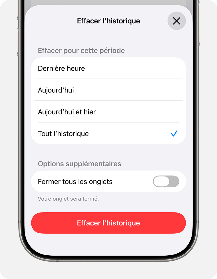 Écran d’iPhone affichant Tout l’historique sélectionné et l’option de toucher le bouton Effacer l’historique.
