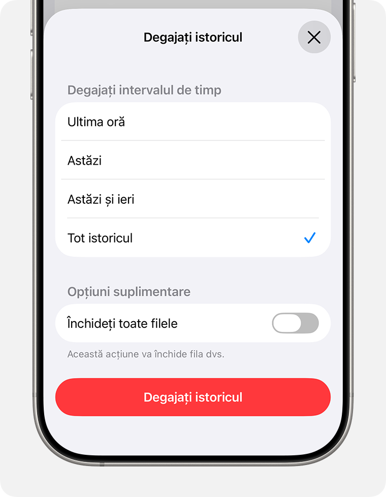 Ecran de iPhone care afișează opțiunea Tot istoricul selectată și opțiunea de a atinge butonul Degajați istoricul.