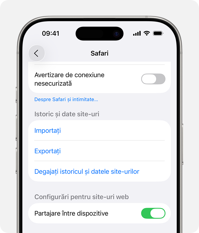 Ecran de iPhone care afișează opțiunea Degajați istoricul și datele site‑urilor în configurările Safari.