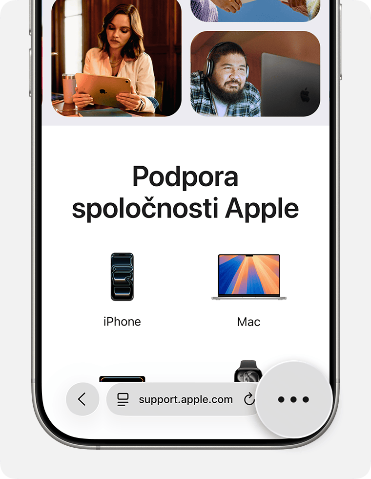 Obrazovka iPhonu so zväčšeným tlačidlom Viac v Safari.