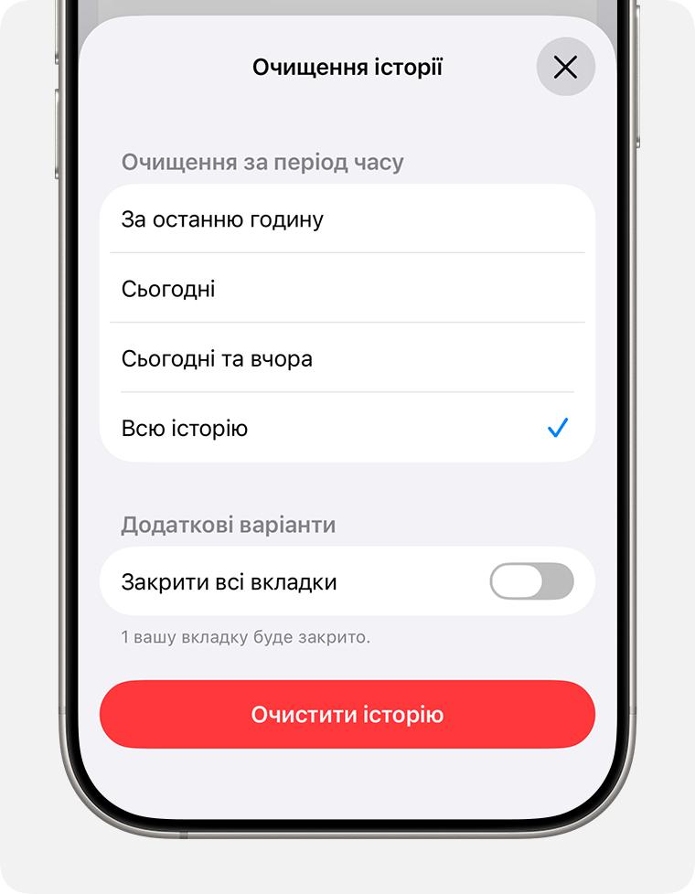 Екран iPhone, на якому показано вибраний параметр «Всю історію» та можливість натиснути кнопку «Стерти історію».