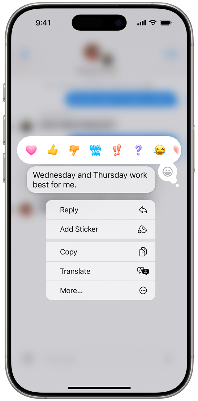 An iPhone showing the inline reply menu after you’ve touched and held a message bubble to send an inline reply