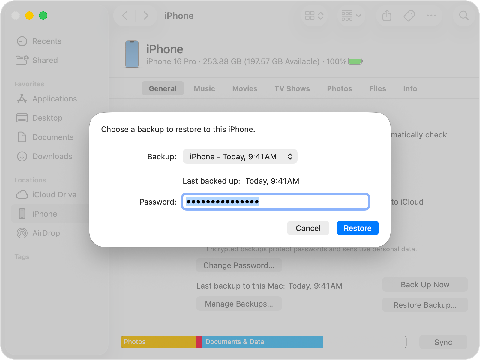 A Finder window showing a prompt to choose a backup and enter your password.