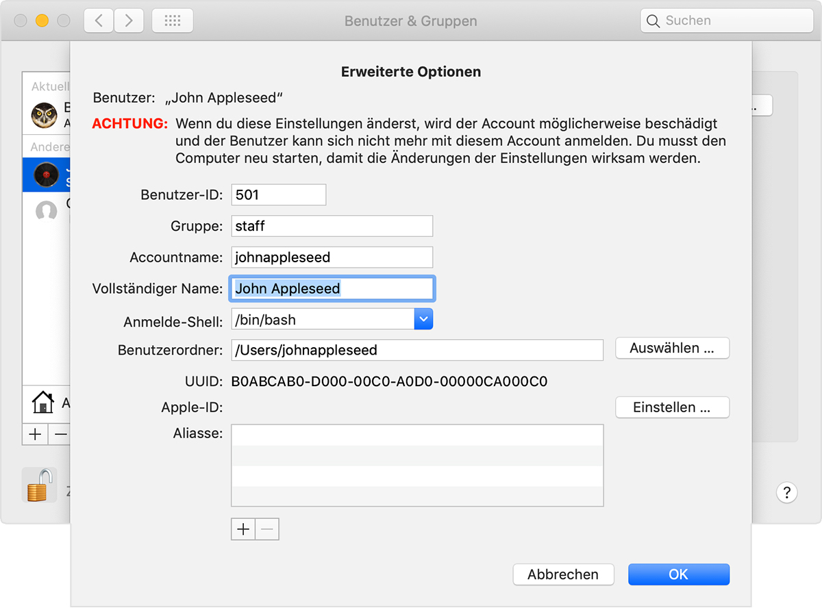 Bereich „Erweiterte Optionen“ in den Einstellungen für „Benutzer & Gruppen“ mit umbenanntem Benutzeraccount