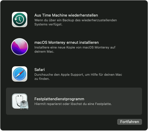 Liste der Dienstprogramme in der macOS-Wiederherstellung