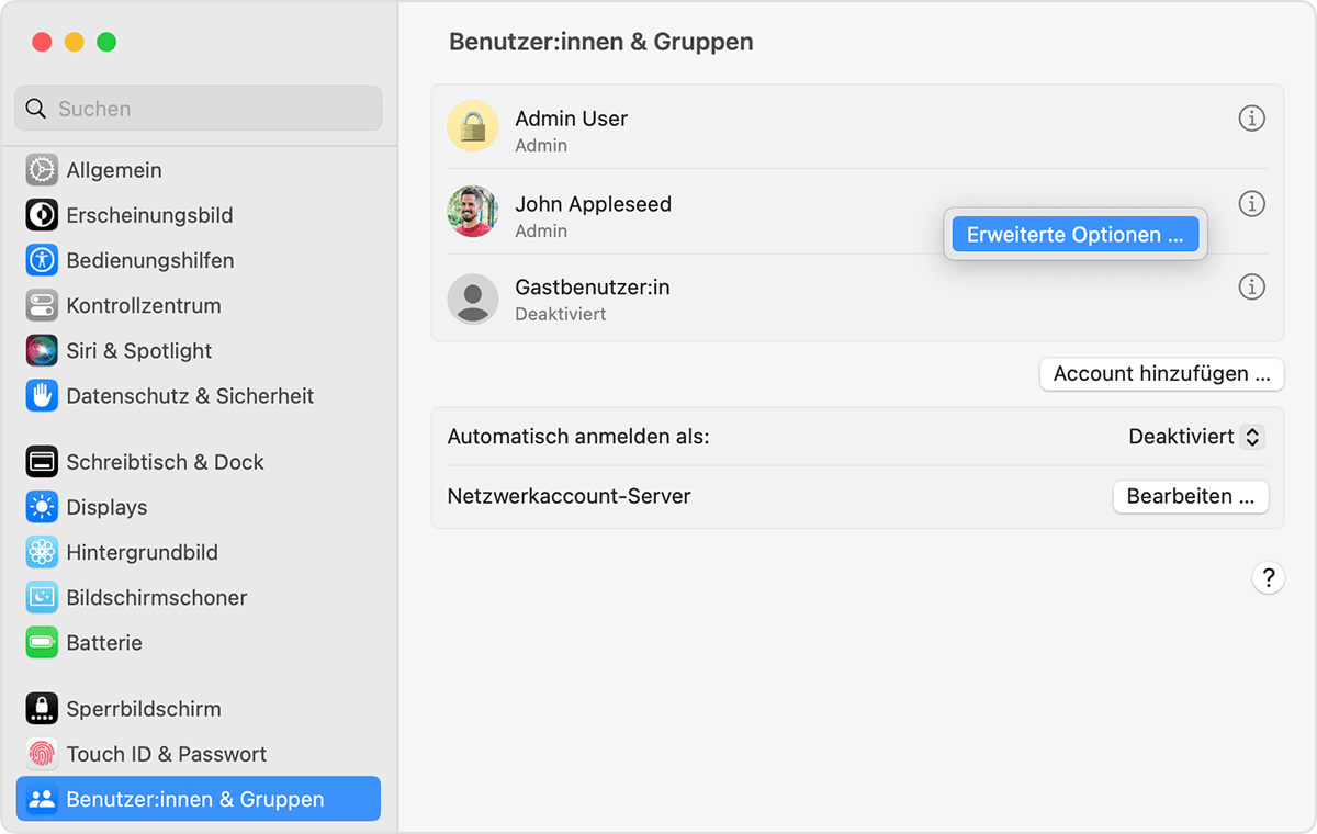Bereich "Benutzer und Gruppen" mit dem Menü, das "Erweiterte Optionen" enthält.