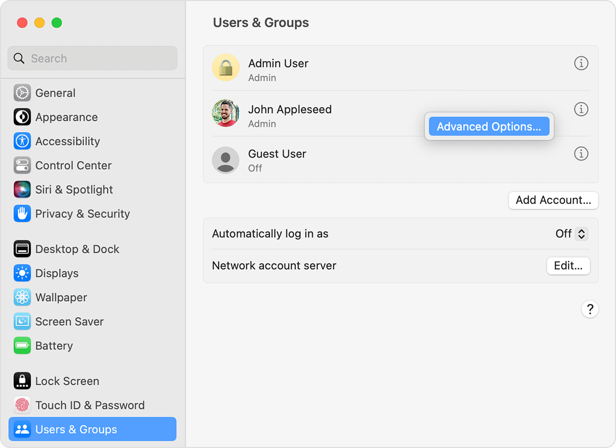 Users & Groups pane, showing the menu with Advanced Options.